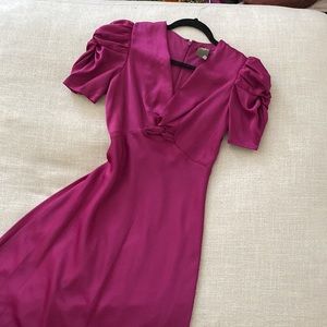 Taylor Twist-Front Puff-Sleeve Satin Midi Dress